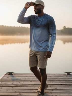 World Wide Sportsman Long Sleeve Fishing Shirt Men's Large Blue Ombre UV (EUC)